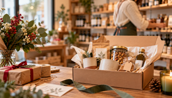 texte alternatif Coffret cadeau composé de produits artisanaux dans une boutique indépendante décorée pour les fêtes de fin d’année.